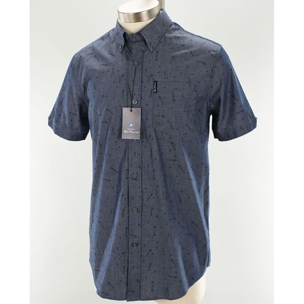Ben Sherman Mens Blue Tools Wrenches Nuts Short Sleeve Cotton Shirt Small Nwt